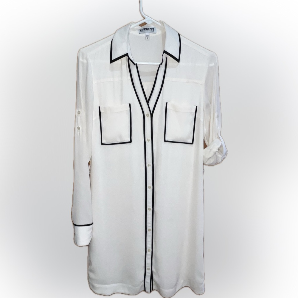 Express Portofino White Button-Up Shirt Dress with Black Piping and Lined